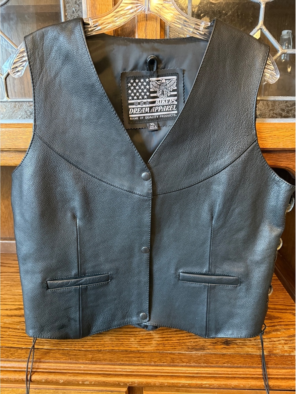 Dream Apparel Womens Leather Biker Vest Side Lace Concho Snap Front Black XL